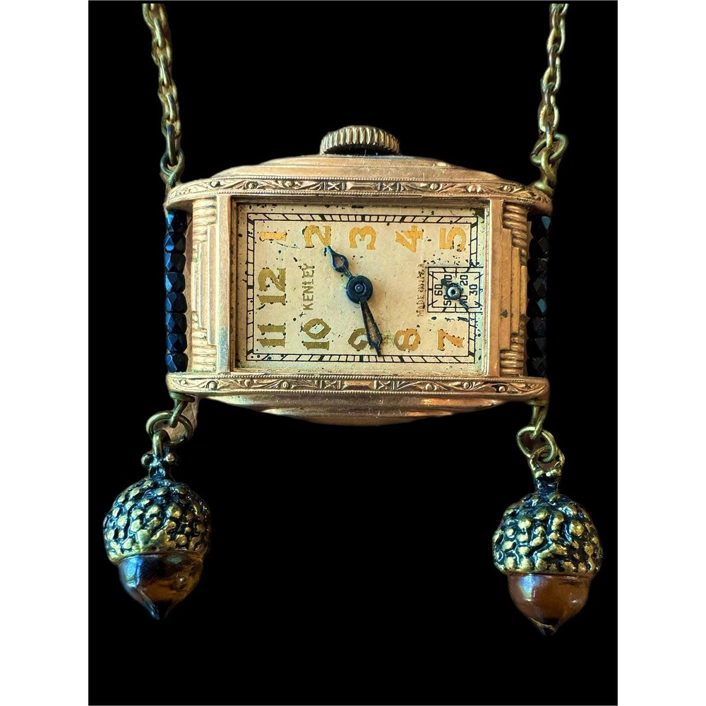 Art Deco Watch Necklace Gold Plated Acorn Dangles Folk Art Jewelry - Picture 2 of 7